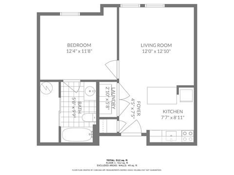 Floor plan for 1 bed, 1 bath, 560 sqft